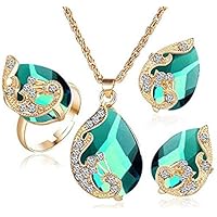 LI&HI Gold Plated Jewelry Sets for Women Crystal Water Drop Necklace Earrings Ring Jewellery Set Bridal Wedding Accessories by TheBigThumb, Green