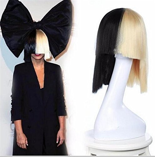 ATOZWIG Half Black and Blonde Short Costume Cosplay Wigs Cover Nose Halloween Hair for Women Neat Bang