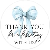 Andaz Press 2 Inch Blue Bow Baby Shower Stickers, Bow Party Decorations, Thank You For Celebrating With Us Stickers for Candy, Favors, Envelopes, Coquette Baby Shower Decorations, Party Decor, 40 Pack