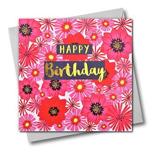 Claire Giles Greeting Cards, Happy Birthday Card, Flowers Design, Greeting Card with Text Foiled in Shiny Gold