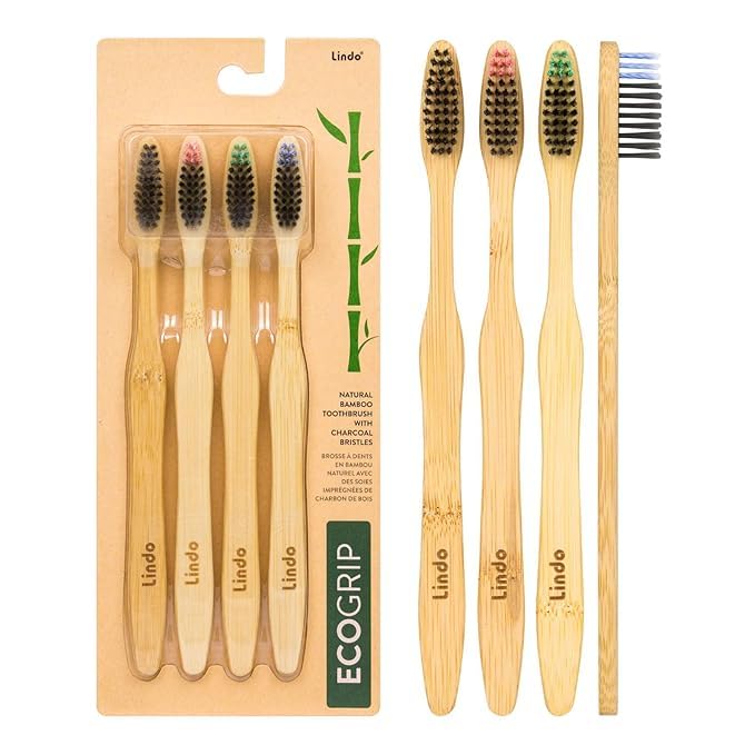 Lindo EcoGrip Bamboo Toothbrush - Soft German Made Fiber Bristles, Organic and Recyclable, Natural Handle (Charcoal)