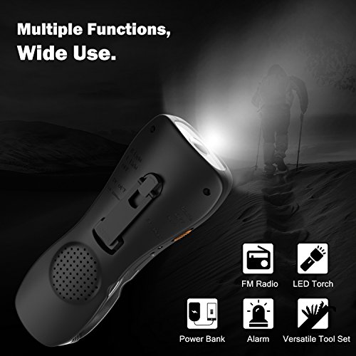 Hand Crank Flashlight Radio, Rhino Valley Portable Rechargable Emergency LED Torch, Multifunction Handy Tool Set and Cellphone Power Bank Charger for Outdoor Camping, Hiking and Home - Black