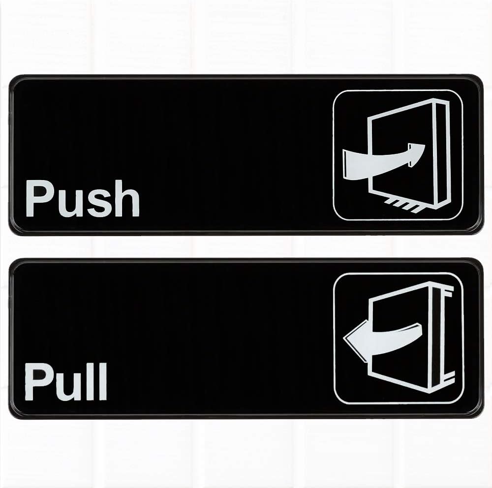 (Set of 2) Push and Pull Signs for Door - Black and White, 9 x 3-inches Push Pull Door Signs for Office, Commercial Signs by Tezzorio