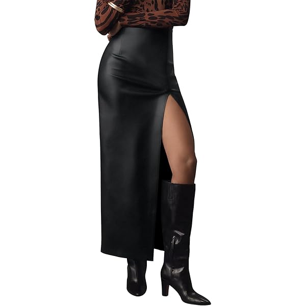 Women's Faux Leather Bodycon Midi Skirt - High Waist Side Slit Pencil Skirt With Buttons (Black, Medium) - View #11