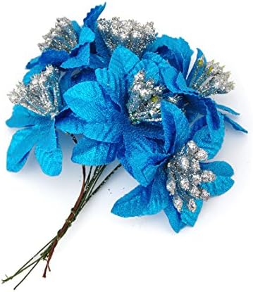 ZJCilected 6Pcs/bouquet Glitter Artificial Silk Wedding Christmas Flowers Artificial Poinsettia Christmas Tree Ornaments(Blue)