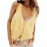 ROJZR Women Lace Tie Front Trim Tank Top Beach Sheer Ruffle Flowy Crop Y2K Button Down Boho Eyelet Summer Cami Shirts