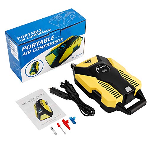 Portable Air Compressor Pump,12V DC Digital Tire Inflator, 150 PSI Auto Shut-off, w/ emergency LED flasher & Extra Long Cable for Tires, Bicycle, Air Boat/Mattress,Balls and Other Inflatables