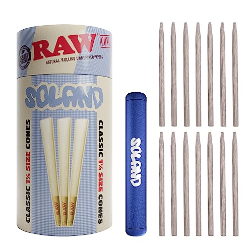 RAW Cones Classic 1-1/4 Size | 100 Pack | 100% RAWthentic Natural Pre Rolled Rolling Paper Bundle with Bamboo Packing Sticks & Aluminium Tube Conetainer Included