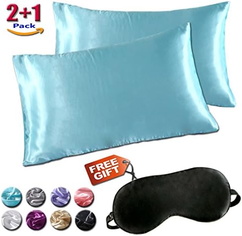 Minda Satin Pillowcases Set for Hair and Skin, Standard Queen King Size Silk Pillowcase Prevents Sleep Wrinkles,No Zipper Pillow Silk Pillowcase EASY TO WASH, GIFT-Eye Mask(Blue, Standard)