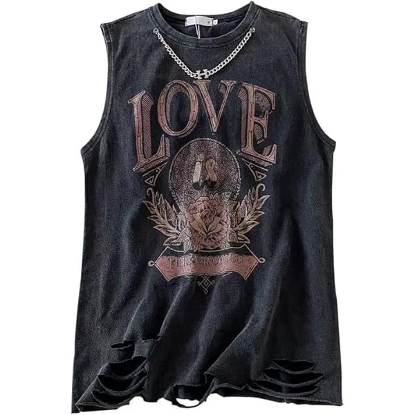 Women's Summer Sleeveless Print Tee Shirt Grunge Distressed