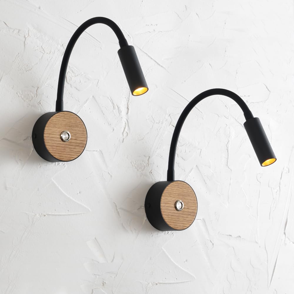 Ouglres Reading Wall Lamp 2pcs, LED With Switch, Industrial Wood and Black, 360° Swivel Goose-Neck Bed Light, for Bedroom, Hallway, Bathroom, Hotels, 3000k