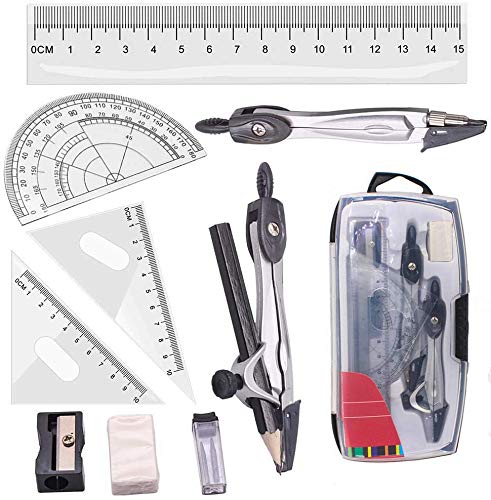 Geometry Compass Set, 10pcs School Math Protractor Kit Rulers Educational Drawing Set For Student Maths and Home Schooling Drafting in Carry Case