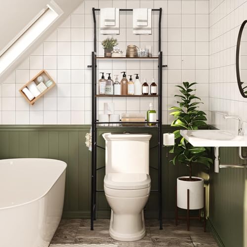 LOKOOY Estantería sobre el Inodoro, Organizador de Baño de 7 Niveles Ajustable, Mueble para Inodoro, Ahorro de Espacio con Ganchos (Negro rústico)