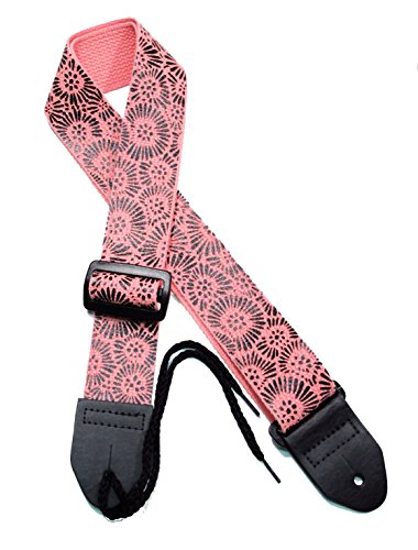 Girls Guitar Strap - 2" Cotton Flower Guitar Strap with Black Mums flowers on a Salmon Pink Cotton Strap