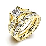 Mens Womens Wedding Bands Rings Set 316L Titanium Stainless Steel Gold Plated Princess Cut Solitaire CZ Promise Rings High Polished Finish Comfort Fit Size 6-9