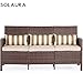 Solaura Outdoor Furniture Brown Wicker Patio Sofa (Seats 3) Light Brown Cushions & Classic Gold Stripe Throw Pillows
