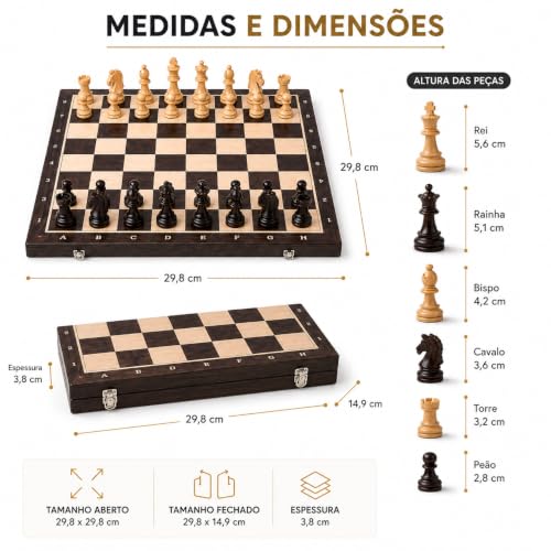 Jogo de Xadrez Magnético em Madeira Dobrável Premium 29cm | Tabuleiro Portátil com Armazenamento Interno | Peças Magnéticas | Jogo de Estratégia para Crianças e Adultos.