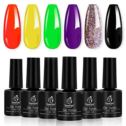 Beetles Trick or Treat Halloween Gel Nail Polish Set, 6 Pcs Black Glitter Gel Polish Yellow Blood Red Nail Polish Gel Kit Art Design Gift Box, Soak Off UV LED Gel Nail Lamp Cured, 7.3ml Each Bottle (The Best Black Nail Polish)