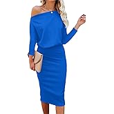 oten 2025 Women's Off Shoulder Bodycon Dress Batwing 3/4 Sleeve Ribbed Cocktail Wedding Guest Party Midi Dress