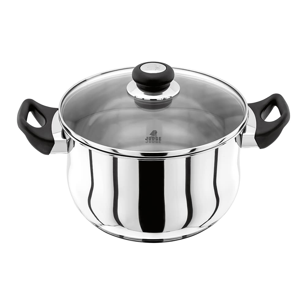 Judge Vista Stainless Steel Huge Stockpot with Twin Handles 24cm 5L, Shatterproof Vented Glass Lid, Induction Ready, Oven Safe, 25 Year Guarantee