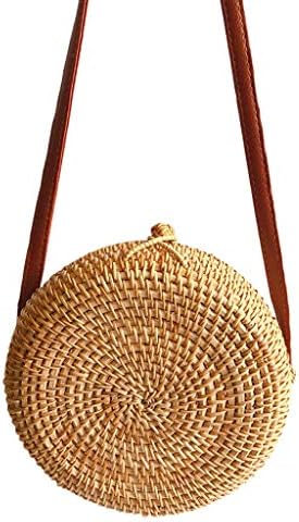 Retro Circle Handwoven Bali Round Crossbody Shoulder Bag Small Rattan Straw Beach Bag Rucksack Backpack (A)