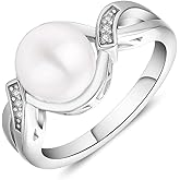 JO WISDOM Pearl Ring,925 Sterling Silver Infinity Cubic Zirconia Women's Rings with 9mm White Freshwater Cultured Pearl Ring size 5-10