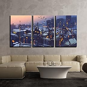 3 Piece Canvas Wall Art - Painting of City Snowy Winter Scene,Rooftops Covered with Snow at Sunset - Modern Home Art Stretched and Framed Ready to Hang - 16"x24"x3 Panels