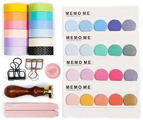 UNIQOOO Bullet Journal Accessories Kit-Pastel Collection-Pastel Masking Washi Tape 12 Rolls, Little Bee Wax Seal Stamp,20 Round Sticky Notes, Metal Clips-For Planner, Scrapbook, Crafting DIY