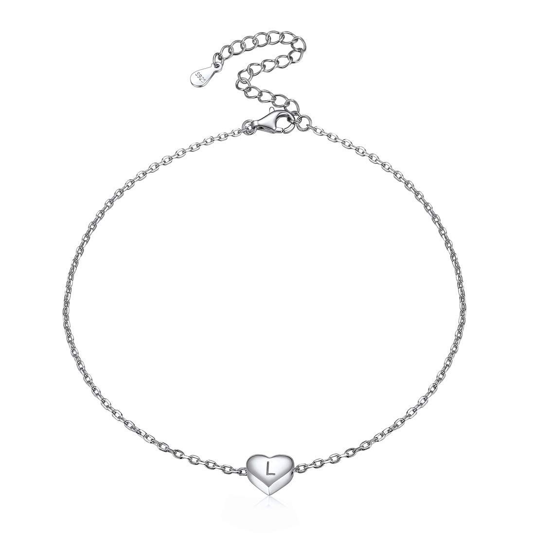 ChicSilver Silver Initial Anklet for Women Delicate Heart Charm Ankle Bracelet 925 Sterling Silver Summer Jewelry