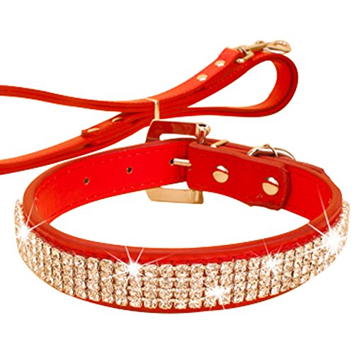 Bling Rhinestone PU Leather and Crystal Diamond Puppy Collar for Pet Dog Cat Collar with leash (XS, Red)