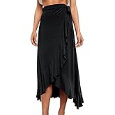 Ezcosplay Women Ruffle Wrap Skirt Tie Waist Boho High Low Asymmetrical Midi Beach Skirt