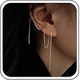 Aneneiceera Vintage Chain Dangle Threader Earrings Silver Long Pull Through Earrings Thin String Threader Chain Earrings Chain Tassel Threader Drop Earrings Jewelry for Women and Girls