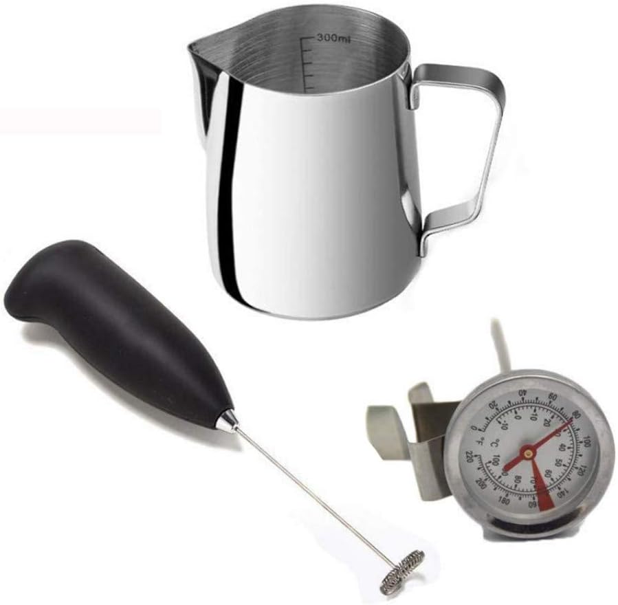 Ungfu Mall Milk Frothing Pitcher Thermometer Coffee Frother Electric Whisk Cappuccino Frother Wand Milk Mixer Milk Frother Jug Stainless Steel Kitchen Pouring Coffee Cream Cup with Measurement 350ml