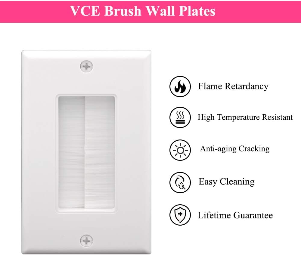 VCE Single Brush Wall Plate Cable Pass Through Insert for Wires, Single Gang Cable Access Strap, Wall Socket for HDTV, Home Theater Systems - White (2-Pack): Electronics