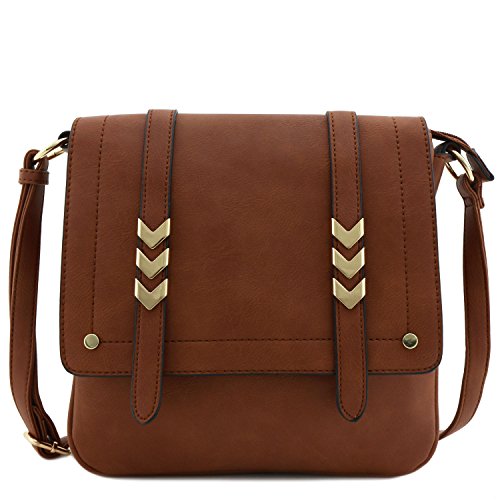 Double compartment large flap over crossbody bag brown
