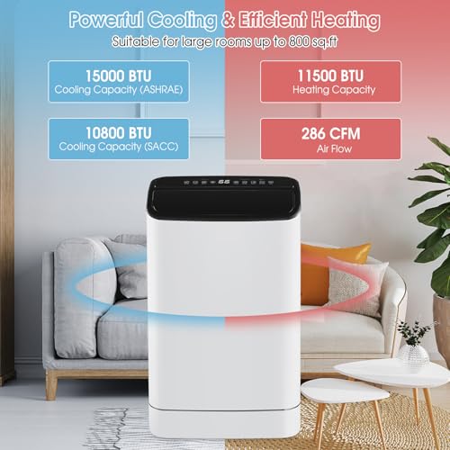 SIMOE 15000 BTU Portable Air Conditioner, with Heat, Auto Swing 4-in-1 AC Unit for Rooms up to 800 Sq.Ft, 24H Timer, with Built-in Dehumidifier, Remote Control/APP Control & Window Kit