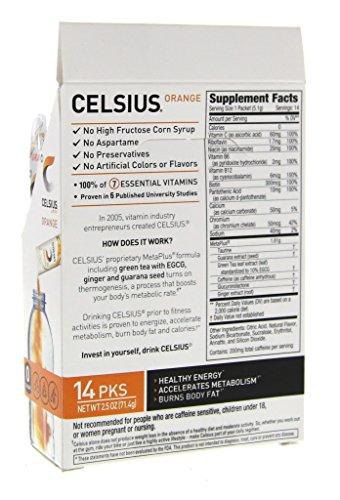 CELSIUS Orange On-the-GO Powder Stick Packs, ZERO Sugar (14 Sticks per Pack)