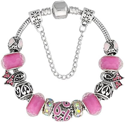 KEORMA Ribbon Charm Bracelet DIY Glass Beads Strand Silver Plated Snake Chain For Women Girls Pink 8.7"
