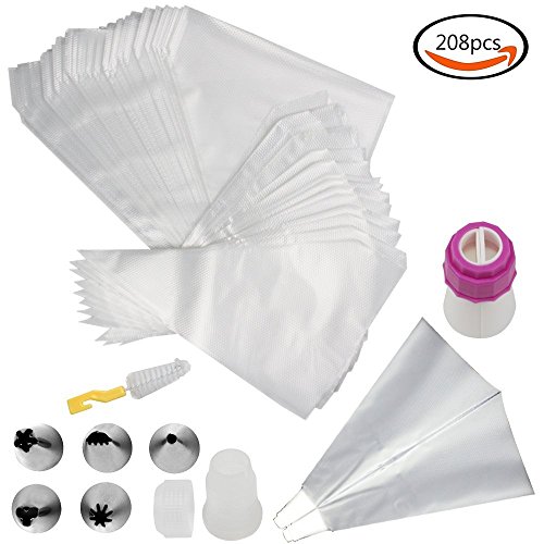 Whonline 200 Pcs Disposable Thickened Icing Bags 12"+14", Double-color Pastry Bag Piping Bag, Double & Single Color Icing Coupler, with 5 Stainless Steel Icing Tips