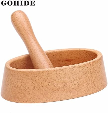 Gohide A Oval Shape Solid Wood Mortar And Pestle Grinding Bowl Set For Guacamole, Herbs, Garlic, Cooking, Medicine / Bowl Size: L: 15.0cm, W: 8.0cm, H:4.4cm; Wooden Stick: Diameter:2.5cm, H: 11.7cm