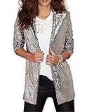 HaoDuoYi Womens Casual Silver Sequins Pocket Side Coat Jacket