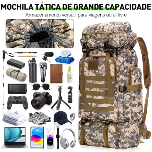 Mochila de Viagem 80L Impermeável para Camping e Trilha, Mochila Esportiva Grande Multifuncional com Compartimentos Amplos, Alças Confortáveis e Suporte para Equipamentos Outdoor, Camuflado