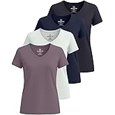 Real Essentials 4 Pack: Women's Classic-Fit Cotton Short-Sleeve V-Neck T-Shirt (Available in Plus Size)