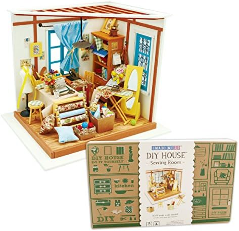 Imagine 3D DIY House Model Kit Sewing Room with LED Light Kit - Miniature Dollhouse Build It Yourself Kit for Hobbyists and Enthusiasts