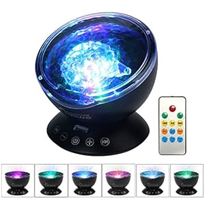 UMIWE Remote Control Ocean Wave Projector Night Light Lamp with Built-in Music Player [12 LED Beads, 7 Colorful Light Modes] for Kids Adults Bedroom Living Room – Newest Generation