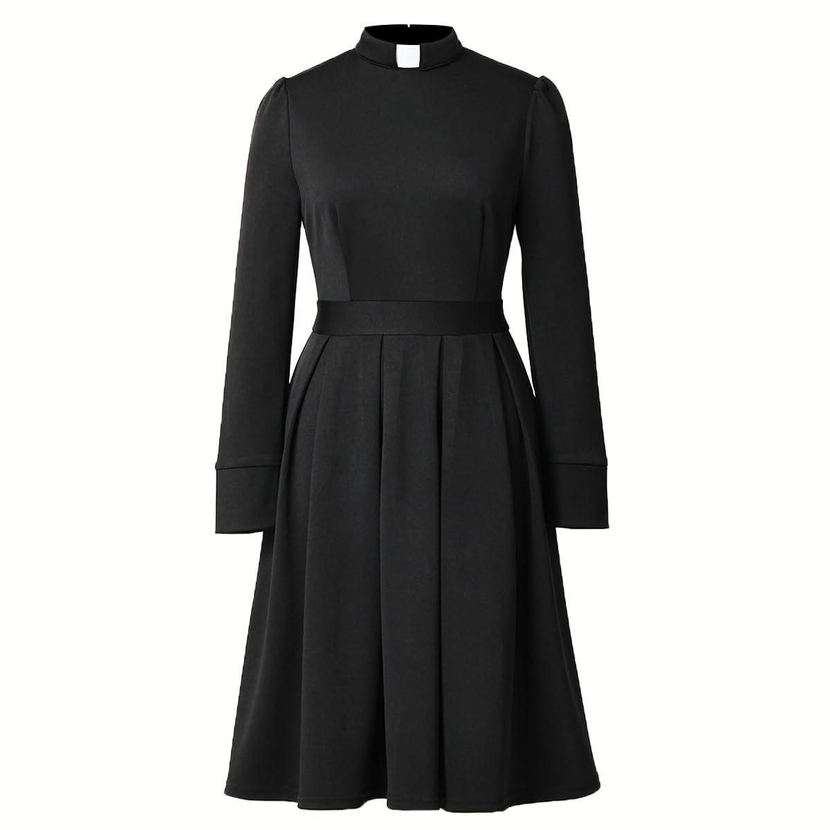 Photo 1 of Church Clergy Dress for Women Minister Spring/Autumn Long Sleeve Elegant Pleated Dress with Tab Collar Black