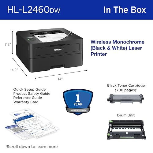 Brother HL-L2460DW Wireless Compact Monochrome Laser Printer with Duplex, Mobile Printing, Black & White Output | Includes Refresh Subscription Trial(1), Works with Alexa