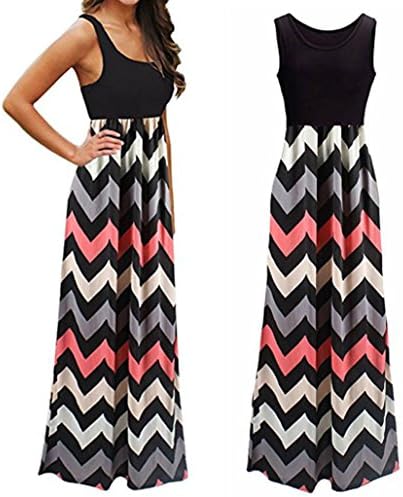 Hot Sale! Shybuy Women's Plus Size Boho Wave Striped Chevron Empire Tank Casual Beach Long Dress (M, Black)