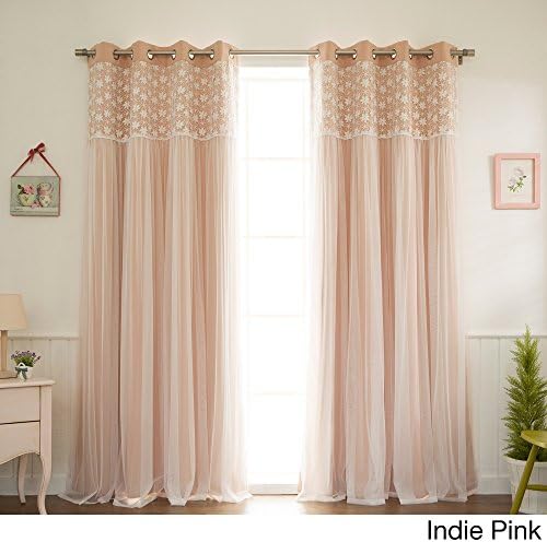 Aurora Home Floral Lace Overlay Thermal Insulated Room Darkening Grommet Top Curtain Panel Pair Pink 96 Inches