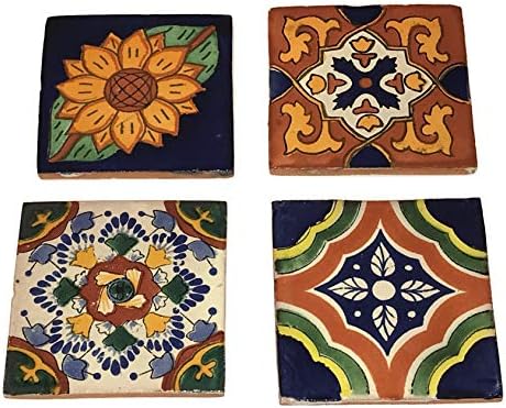 Rustic Mexican Talavera Hand-Painted Ceramic Tile Coasters - Set of 4 - Designs Will Vary